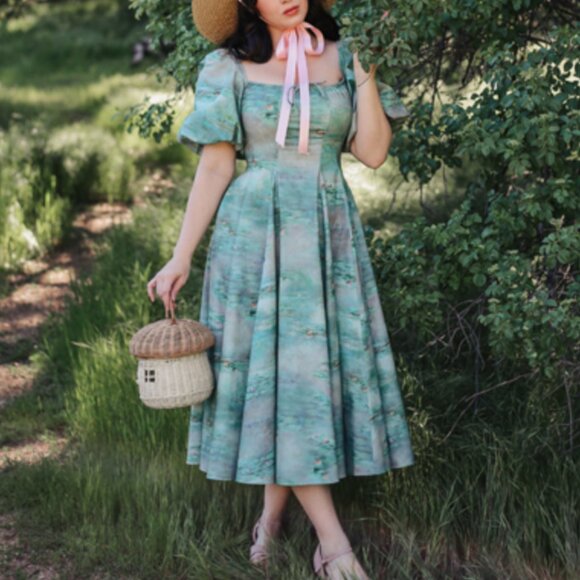 BEST Selkie The Water Lilies Day Midi Dress XSmall Green Cotton Party Cocktail - Picture 5 of 14